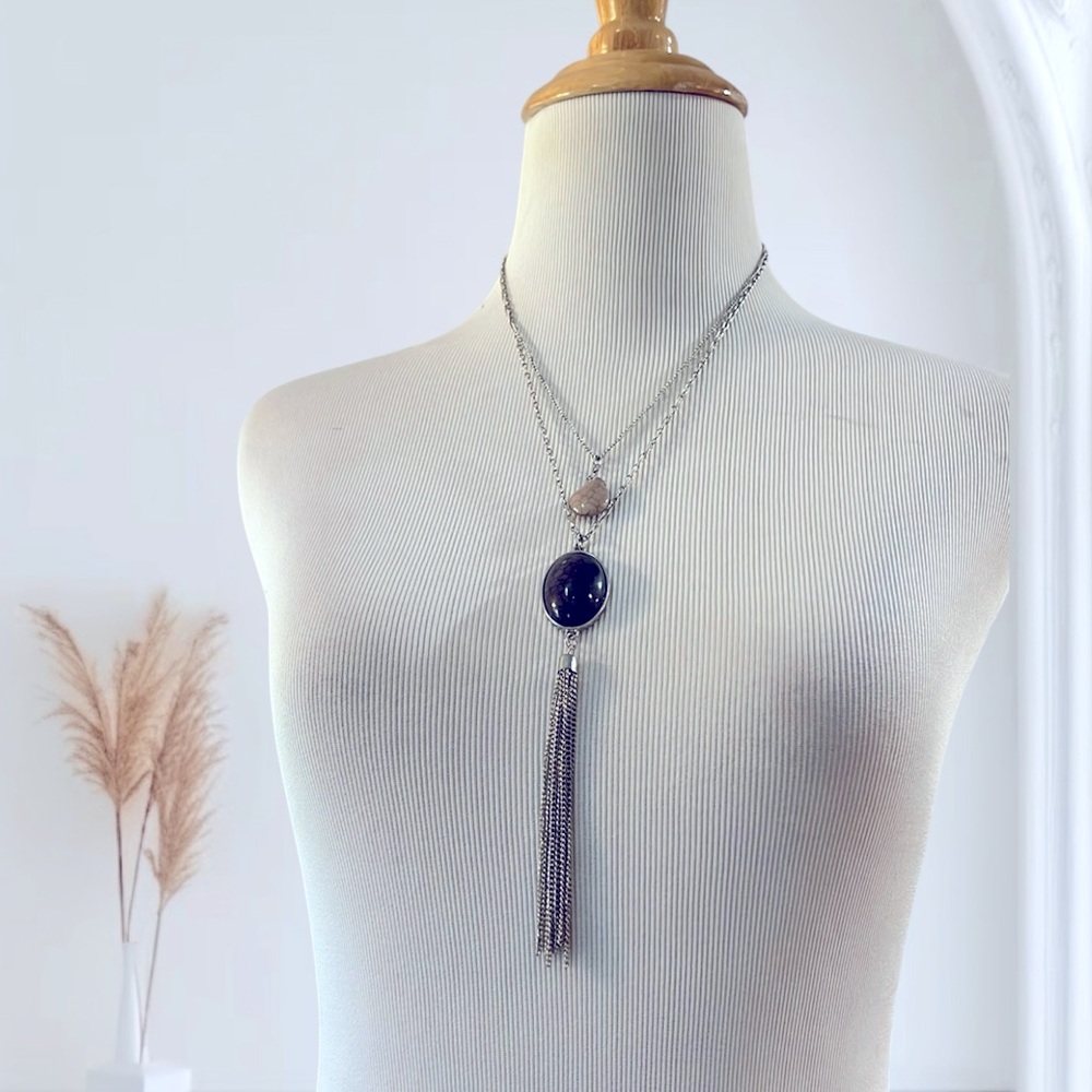 DOUBLE STONE PENDANT SILVER TONE CHAIN AND TASSEL NECKLACE